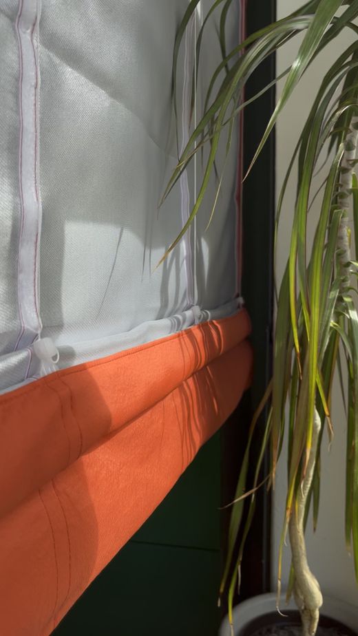 Weiß-oranges Raffrollo mit Pflanze