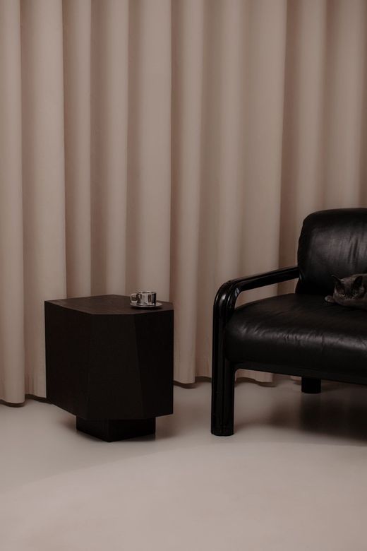 Wohnzimmer mit beigem Wellenvorhang und Sessel