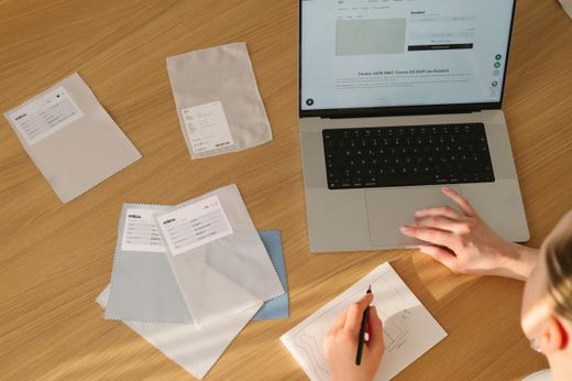 Schreibtisch mit Laptop, Stoffmustern und Vorhangskizze